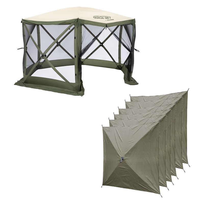 CLAM Quick Set Escape 11.5 x 11.5 Ft Portable Canopy , Green/Tan + Clam Quick Set Screen Hub Tent Wind & Sun Panels, Green (3 Pack), 1 of 7