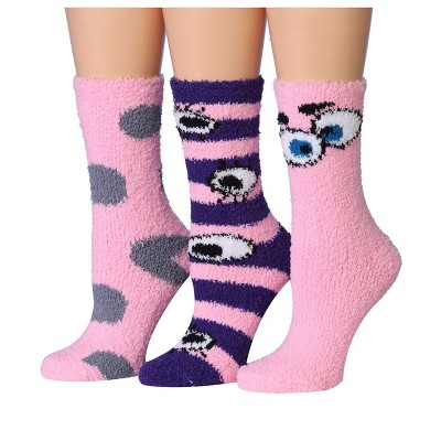 Tipi Toe Women's 3-Pairs Cozy Microfiber Anti-Skid Dotted Striped Cartoon Patterned Soft Fuzzy Crew Socks
