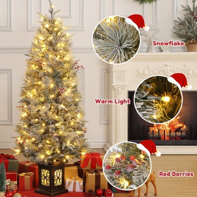 4.5ft Green Snow Flocked Potted Christmas Tree with LED Lights