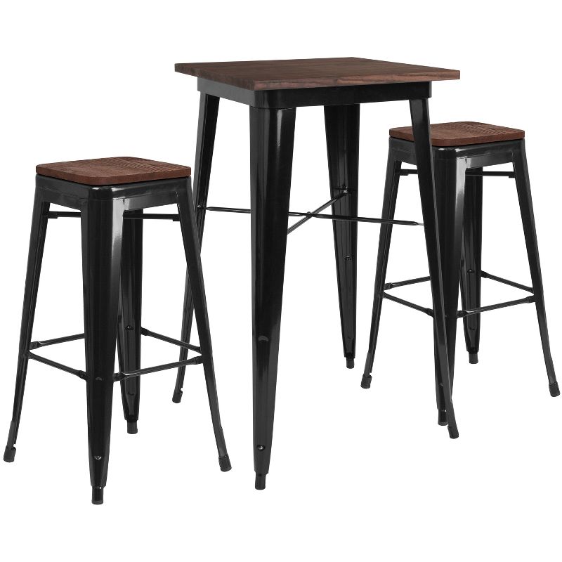 Merrick Lane 3 Piece Bar Table and Stools Set with 23.5" Square Black Metal Table with Wood Top and 2 Matching Bar Stools, 1 of 5
