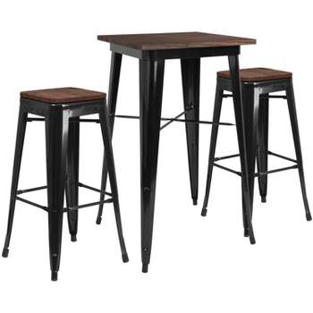 Merrick Lane 3 Piece Bar Table and Stools Set with 23.5" Square Black Metal Table with Wood Top and 2 Matching Bar Stools