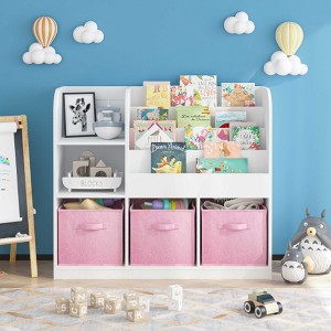 AENKYO Kids Bookshelf with 3 Fabric Binsand Toy Organizer, Multifunctional Toy Storage Children's Bookcase, Pink/Gray - 1 of 4