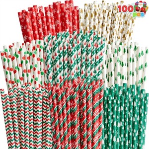 Joyfy 100 PCS Xmas Paper Straws Bulk - 8 Multi-Pattern Disposable Straws for Holiday Parties, Birthdays & Celebrations - 1 of 4