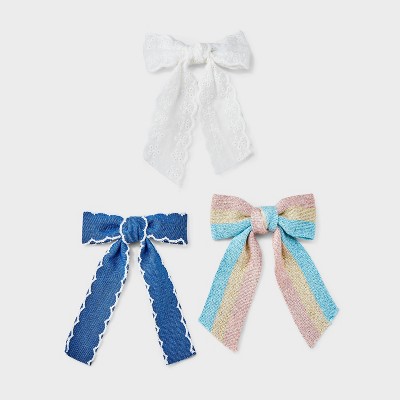 Girls' 3pk Denim and Stripes with Eyelets Bow Clip Set - Cat & Jack™: Hair Styling, Recycled Polyester