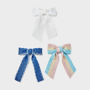 Girls' 3pk Denim and Stripes with Eyelets Bow Clip Set - Cat & Jack™: Hair Styling, Recycled Polyester - 1 of 4