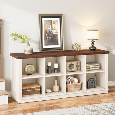8-Cube Storage Organizer Bookshelf, 3-Tier Farmhouse Horizontal Wood Bookcase, 62" Long Low Storage Shelf for Entryway, Living Room