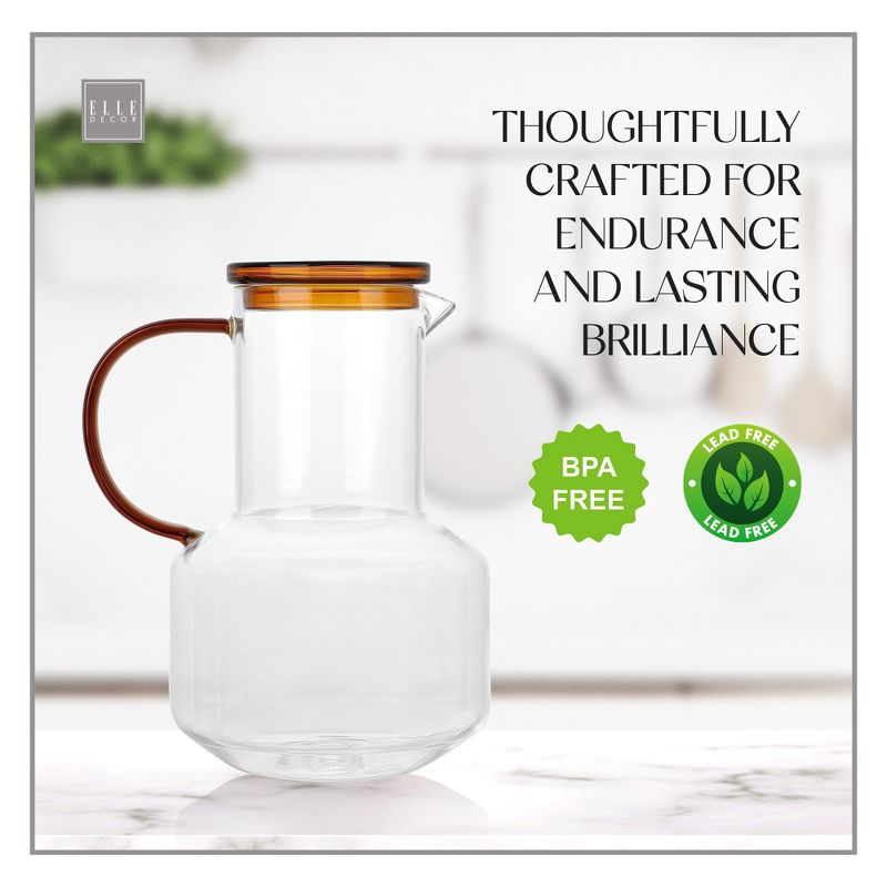 Elle Decor Glass Pitcher with Amber Lid, 48-Ounce Durable Borosilicate Glass Water Pitcher with Lid and Spout, 2 of 8