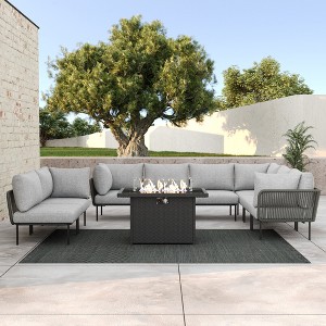 LayinSun 9 Pieces Rope Woven Patio Furniture Set, Modern Modular Sectional Sofa with Fire Pit Table and Upgrade Thickness Cushion - 1 of 4