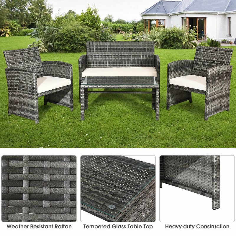 Costway 4PCS Patio Rattan Furniture Set Conversation Glass Table Top Cushioned Sofa White, 5 of 10