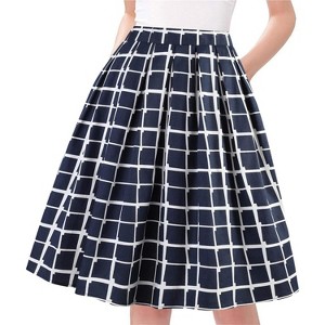 Vintage A-Line Pleated Skirt for Women - Midi Length High Waist Flowy Retro Skirt Y-navy Plaid - 1 of 4