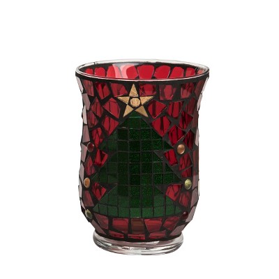 Transpac Glass 6 in. Red Christmas Mosaic Hurricane