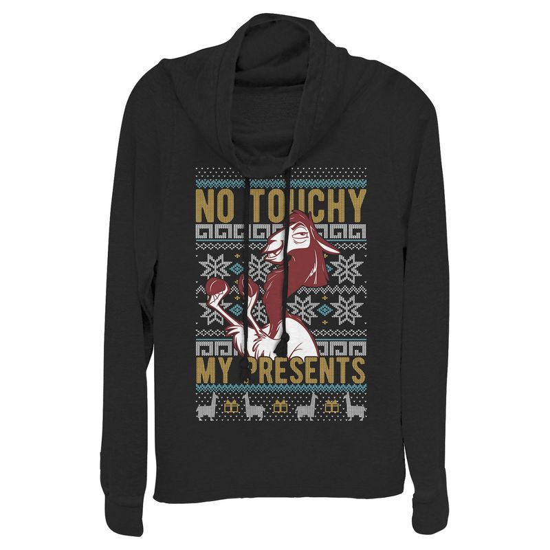 Juniors Womens The Emperor's New Groove Ugly Christmas No Touchy Cowl Neck Sweatshirt, 1 of 4