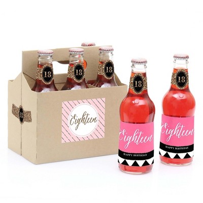 Big Dot of Happiness Chic 18th Birthday - Pink, Black and Gold - 6 Soda Bottle Labels with 1 Soda Carrier