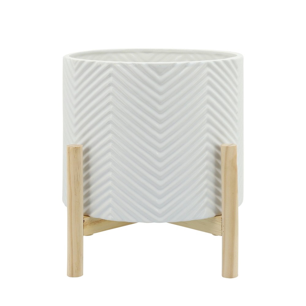 Sagebrook Home Ceramic Chevron Planter With Wood Stand  White  Round  Ceramic  Contemporary  10 L X 10 W X 11 H  Chevron