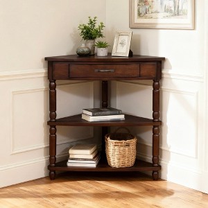 Hostack 33.8'' Small Triangle Corner Table with 3 Tiers, Solid Wood Legs for Small Spaces and Living Room, Light Espresso - 1 of 4