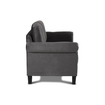 Gray Velvet Loveseat with Nailhead Trim and Rolled Arms