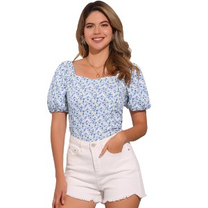 Allegra K Women's Puff Sleeve Square Neck Peasant Floral Blouse - 1 of 4