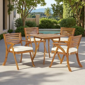 5-Piece Outdoor Acacia Wood Dining Set with Square Table and 4 Cushioned Chair - 1 of 4
