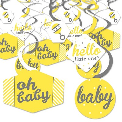 Big Dot of Happiness Hello Little One - Yellow and Gray - Neutral Baby Shower Hanging Decor - Party Decoration Swirls - Set of 40