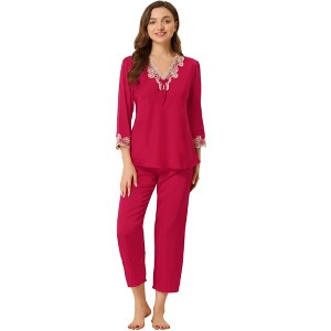 Allegra K Women’s Soft V Neck 3/4 Sleeves Lace Insert Two-Piece Pajama Sets - 1 of 4