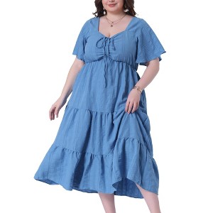 Agnes Orinda Women's Plus Size Sweetheart Neck Short Sleeve Ruffle Hem Tiered Flowy Summer A Line Maxi Dresses with Pockets - 1 of 4