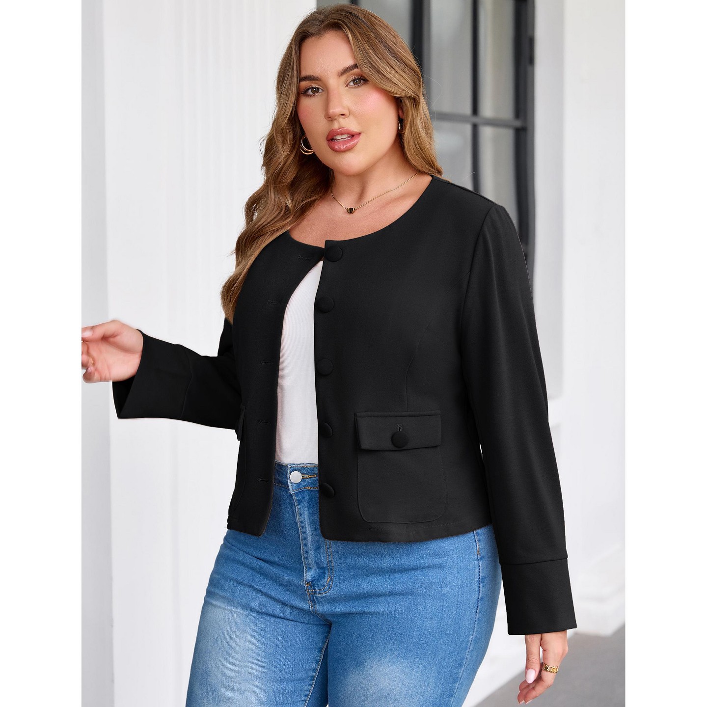 Женская куртка YesFashion Women Plus Size Cropped Jacket Round Neck Button Down Long Sleeve Cuffed Outerwear with Flap Pockets, BLACK,5X, цвет: Чёрный — фото 4