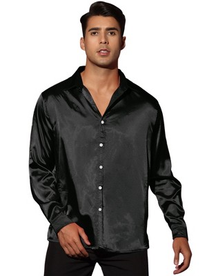 Button Down Shirt Men Black Silver Contrast Party Long Sleeve