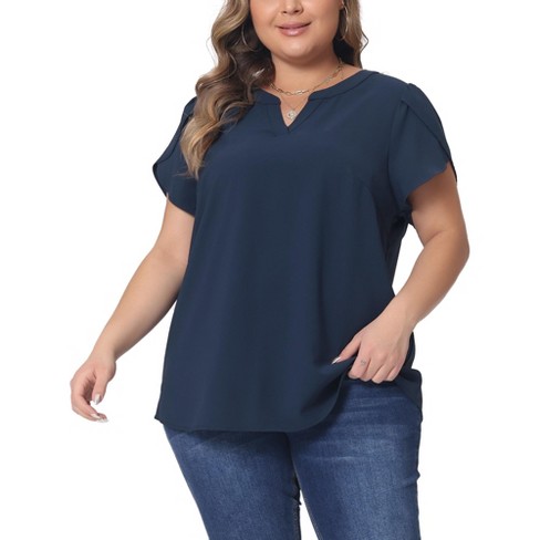 Agnes Orinda Women's Plus Size Cute Short Sleeve Casual Stripe Tops Blue 3X