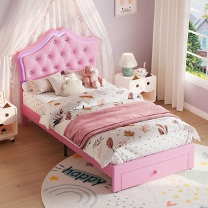 Twin Size Upholstered Princess Bed Frame with Storage Drawer, Faux Leather Platform Bed - 1 of 4