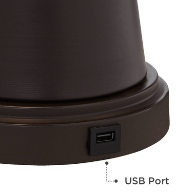 Bronze Tapered Table Lamps with Natural Drum Shades and USB Ports, Set of 2