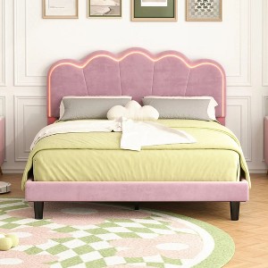 NicBex Twin/Full Wood Platform Bed Frame with Elegant Shell-Shaped Headboard,Velvet Upholstered Bed Frame with LED Lights,Easy Assembly,Pink - 1 of 4