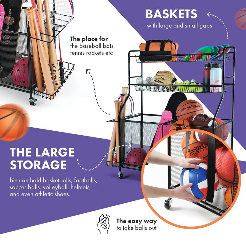 Ball Rack Organizer Holder For Garage - Indoor & Outdoor Large Garage Sports Equipment Organizer With Baskets, Rolling Wheels & Breaks - Homeitusa, 4 of 8