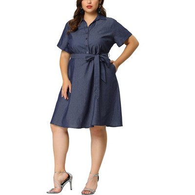 Agnes Orinda Women's Plus Size Relaxed Fit Buttons Belted Short Sleeves Chambray Shirtdress