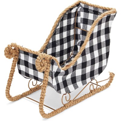 Okuna Outpost Small Santa Claus Christmas Sleigh Decoration, White and Black Buffalo Plaid Table Centerpiece for Holiday Decor, 11 x 5 x 7.8 In