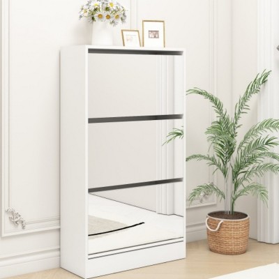 Syemin Shoe Racks Narrow Shoe Storage Cabinet with Mirror,Large Size Shoe Cabinet, Wood Slim Shoe Rack Shoe Organizer, White, 23.6"*9.06"*41.73"