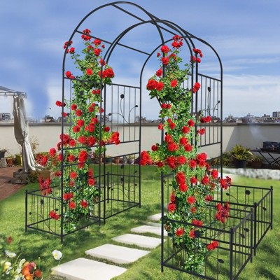 COMHOMA Metal Garden Arch with Gate and Plant Pot Garden Arbor Trellis Climbing Plants Support Rose Arch Black