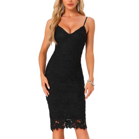 Женские платья INSPIRE CHIC Women's Lace Spaghetti Straps Wedding Guest Bodycon Sleeveless Party Midi Dress Black Large
