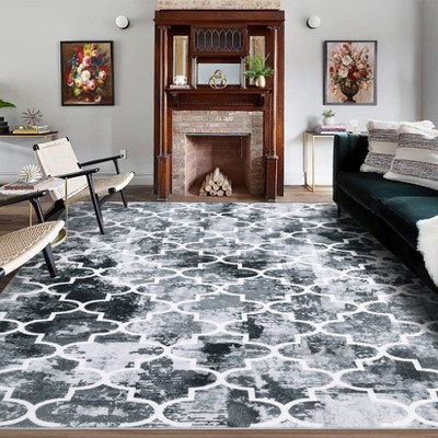 5*7ft Washable Rug Non Slip Backing Trellis Print Distressed Rug, Soft Indoor Carpet for Living Room, Low Pile Vintage Accent Rug, Grey