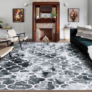 5*7ft Washable Rug Non Slip Backing Trellis Print Distressed Rug, Soft Indoor Carpet for Living Room, Low Pile Vintage Accent Rug, Grey - 1 of 4