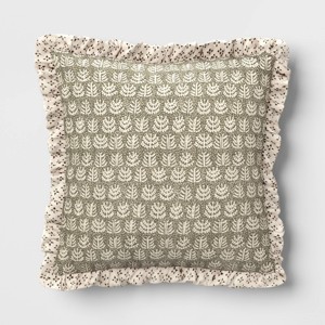 Square Block Print Reversible Pillow with Ruffle Trim Green - Threshold™ - 1 of 4
