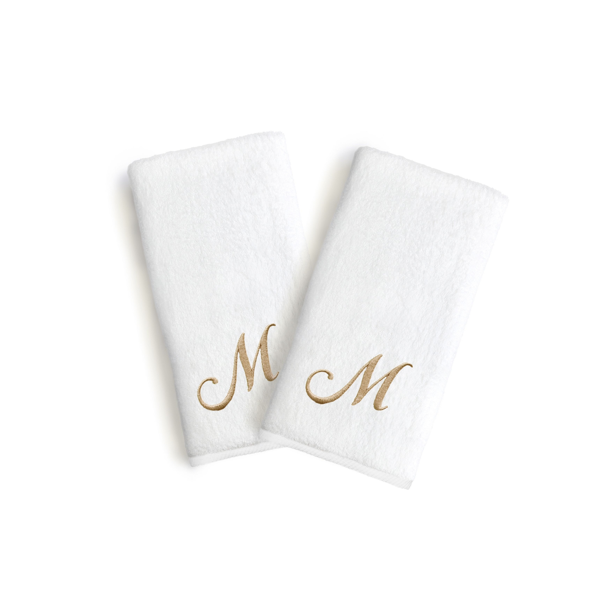 Linum Home Textles Monogrammed Luxury 100% Turkish Cotton Novelty White Hand Towels in Gold Script Font (Set of 2)