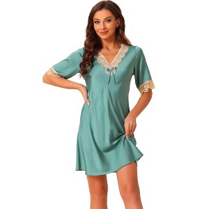 cheibear Women's Shorts Sleeves V Neck Pajamas Sleepwear Lace Trim Nightgowns - 1 of 4