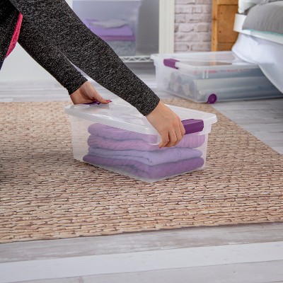 Clear 15 Qt Stackable Plastic Storage Box with Purple Latch