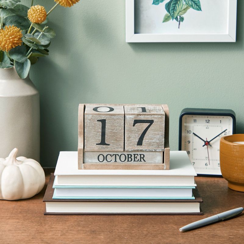 Juvale Wooden Perpetual Block Calendar for Desk, Wood Month Date Display Blocks Rustic-Style Farmhouse-Themed Office Decor, 5 x 4 In, 4 of 10