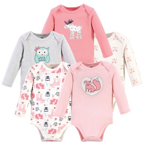 Hudson Baby Infant Girl Cotton Long-Sleeve Bodysuits 5pk, Pink Forest, 3-6  Months