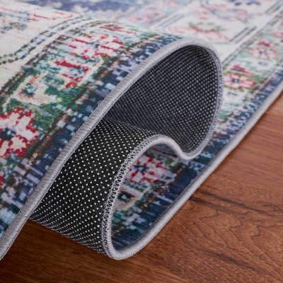 Navy and Beige 6' Square Washable Synthetic Area Rug