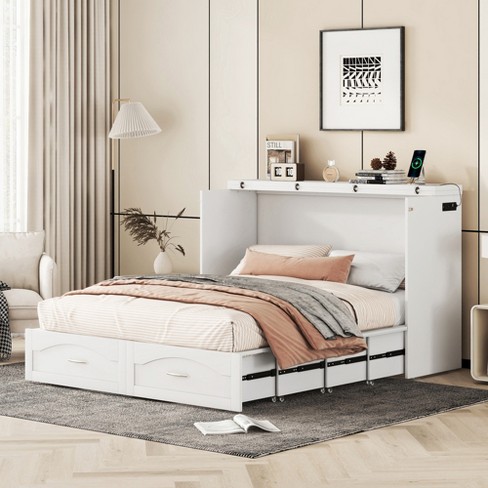 Queen Size Mobile Murphy Bed With Drawer And Little Shelves On Each Side,  White - Modernluxe : Target