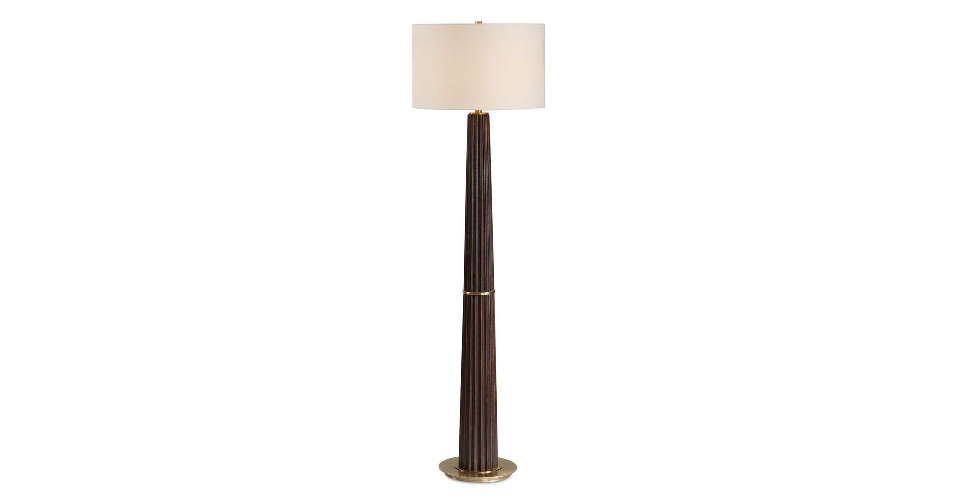 Dark Oak Wood Floor Lamp Rustic Scalloped Base 62.5" H with Antique Brass Accents and White Linen Shade by Uttermost