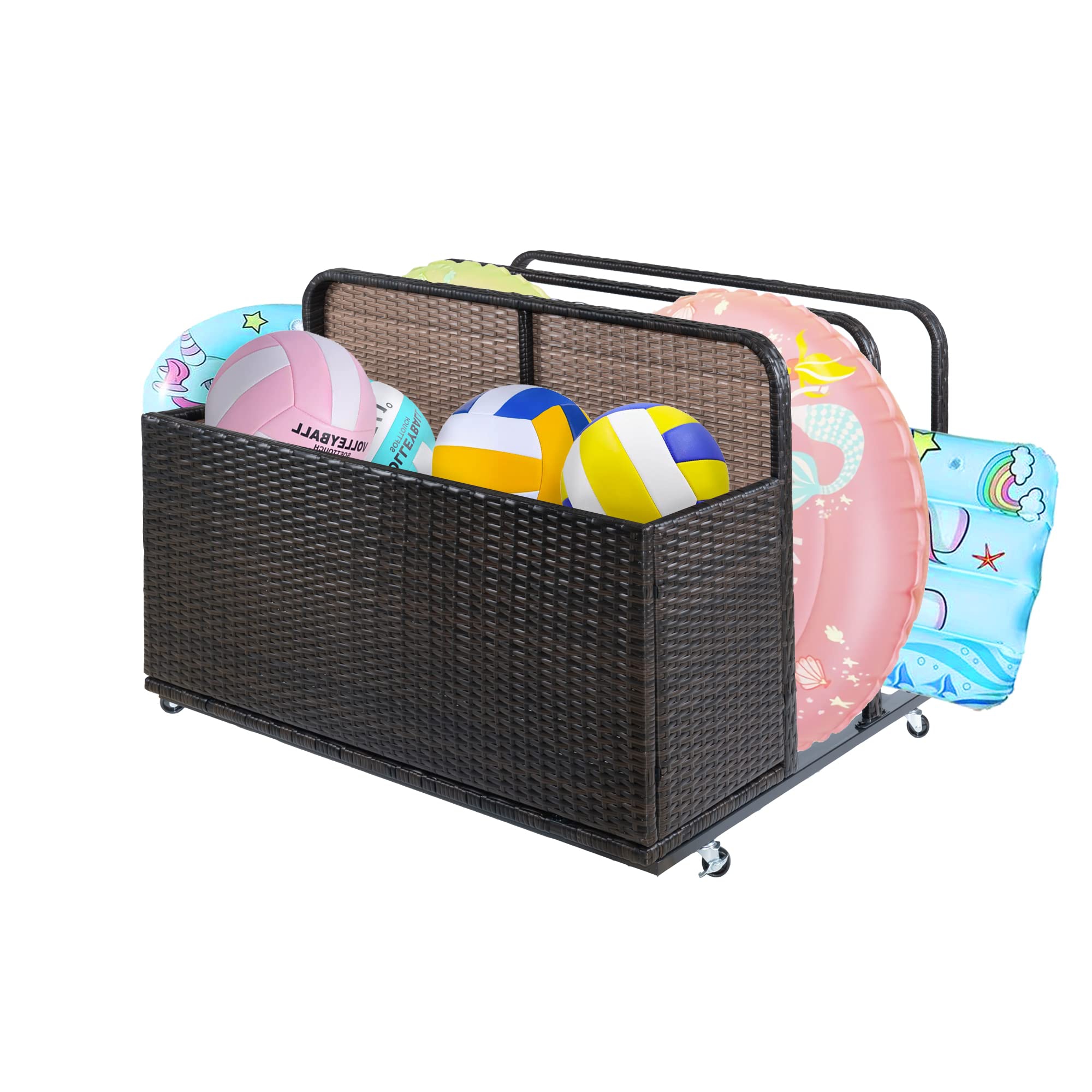 Premium Rolling Poolside Storage Organizer with Towel Rack - PE Rattan Mesh Design for Swimming Equipment & Floaties