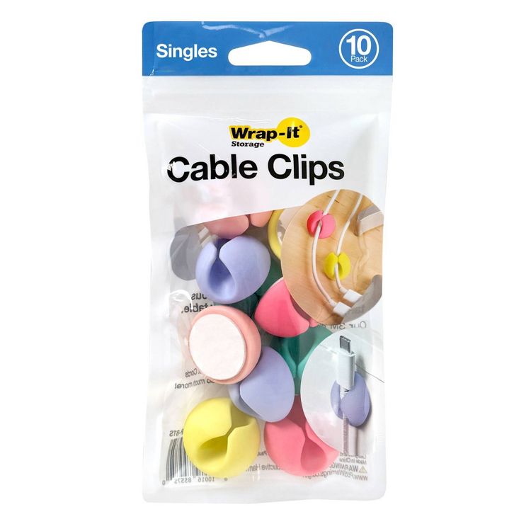 A pack of 10 Wrap-it Storage cable clips in various colors, including pink, purple, yellow, and green, displayed in a clear plastic bag.